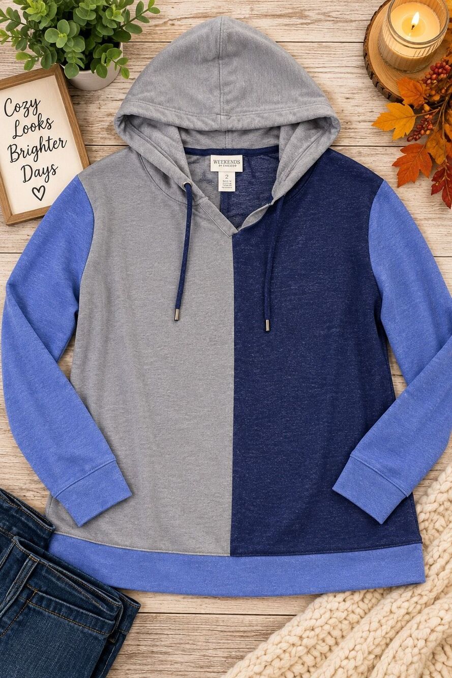 Weekends by Chico’s Women’s Size 2 Blue Gray Colorblock Long Sleeve Hoodie Top
